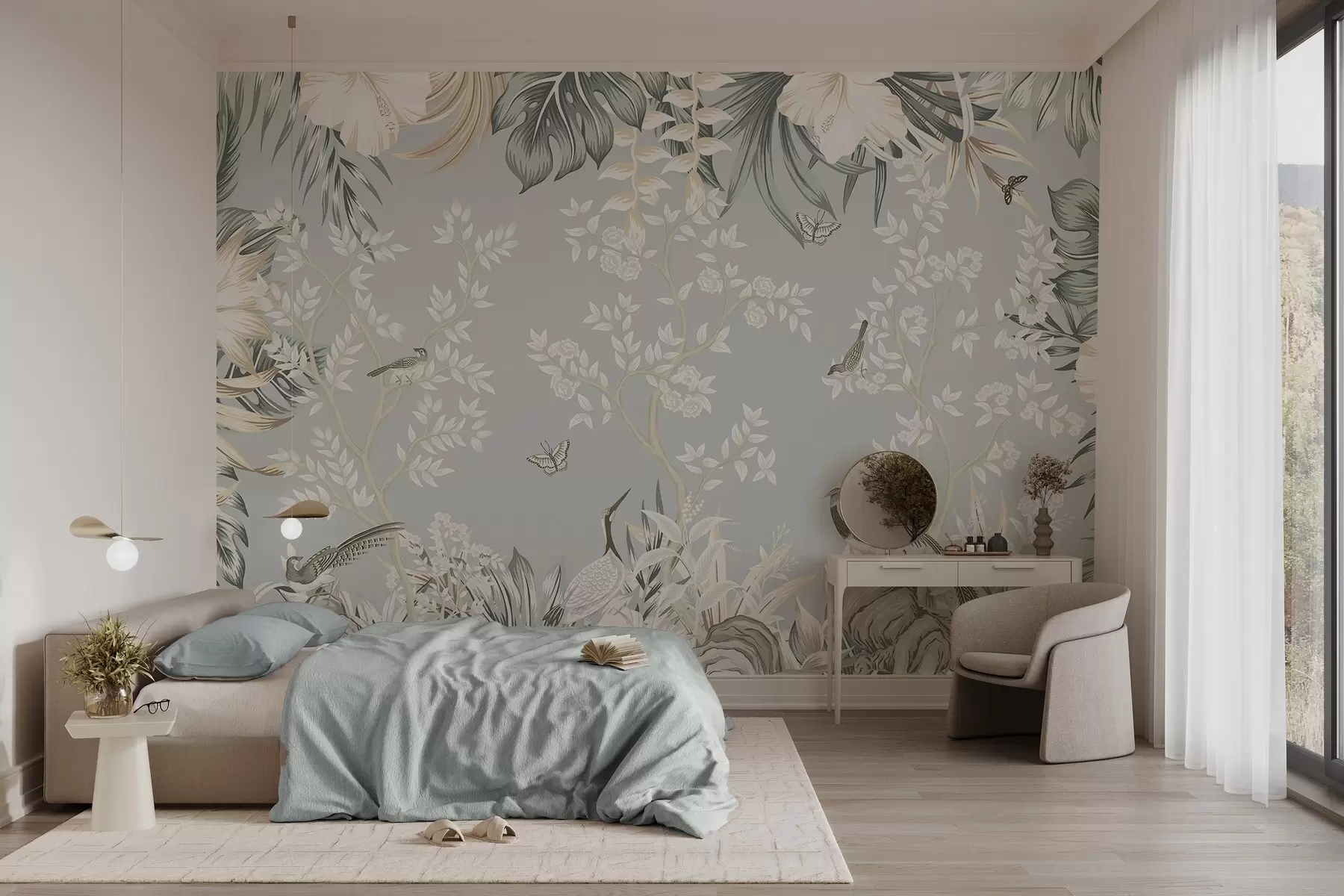 wall murals Тропска текстурирана пастелна уметност са птицама, лептирима, цветовима хибискуса, палминим листовима и дрвећем на светлоплавој позадини w09528