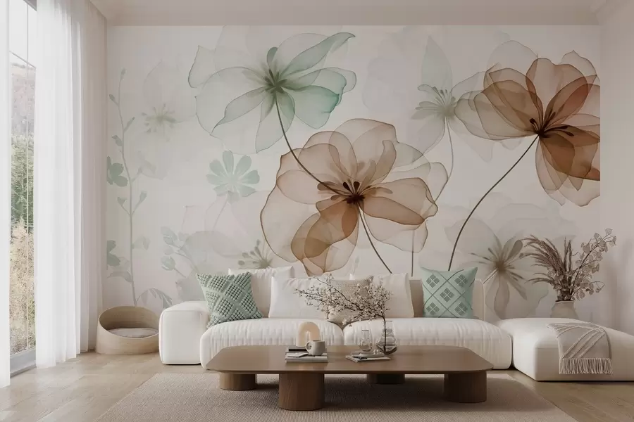 wall murals Провидно цвеће са смеђим и зеленим латицама, дугим стабљикама, светлом позадином, меким бојама, текстурираним цветним дизајном w09529
