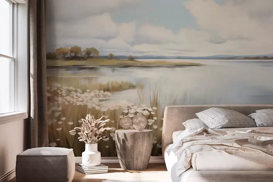 wall murals Текстурирани пејзаж, поље белог цвећа и високе траве, језеро у позадини, травнато брдо са дрвећем, нежне боје w09530