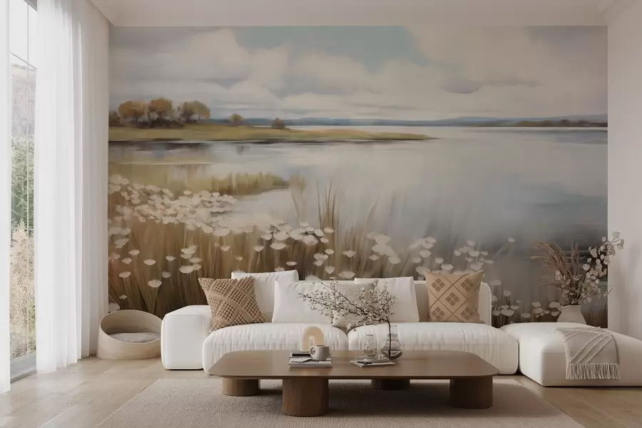 wall murals Текстурирани пејзаж, поље белог цвећа и високе траве, језеро у позадини, травнато брдо са дрвећем, нежне боје w09530