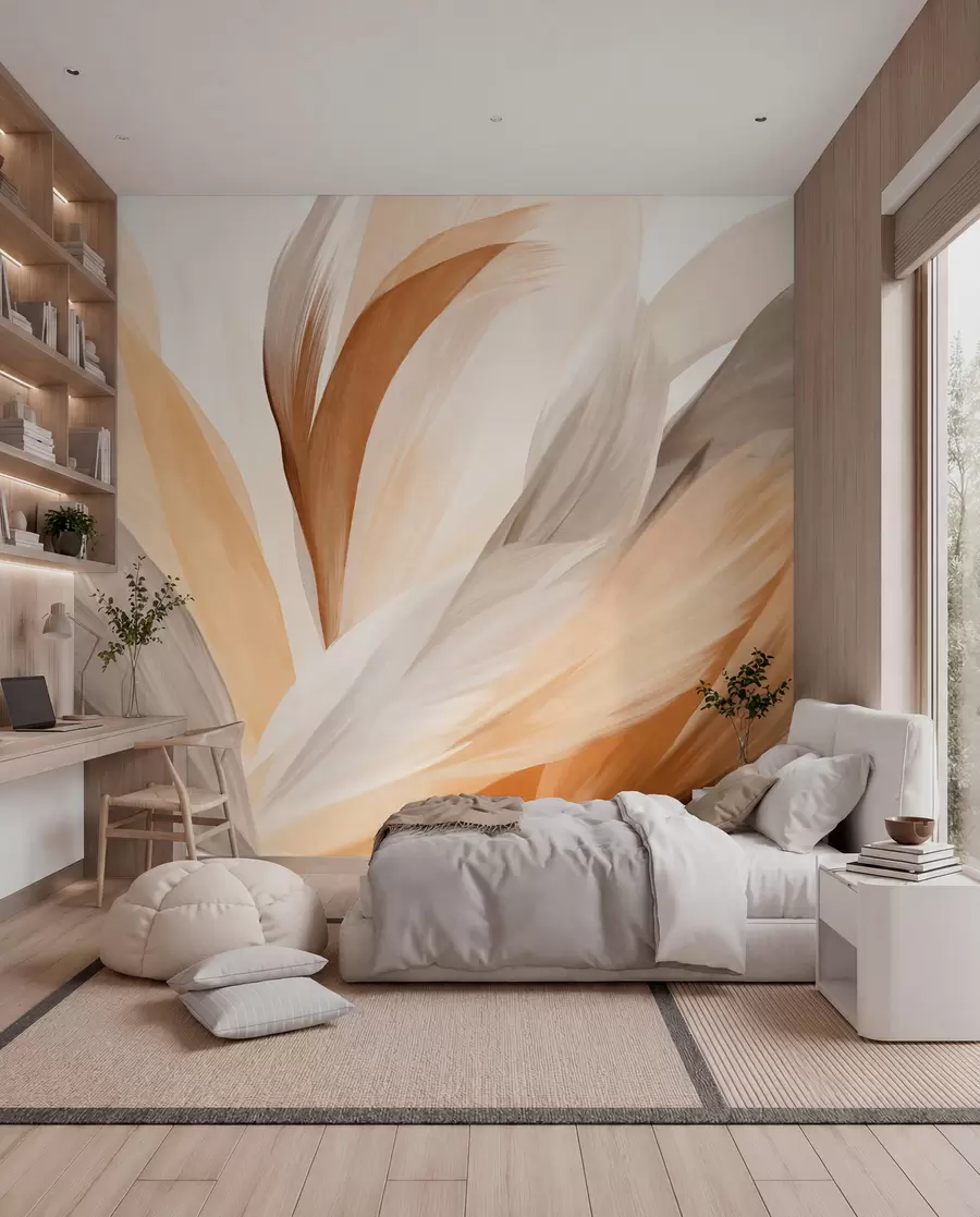 wall murals Апстрактно текстурирано перје у смеђој, белој и сивој боји и разним нијансама, које се преклапају на белој позадини w09531