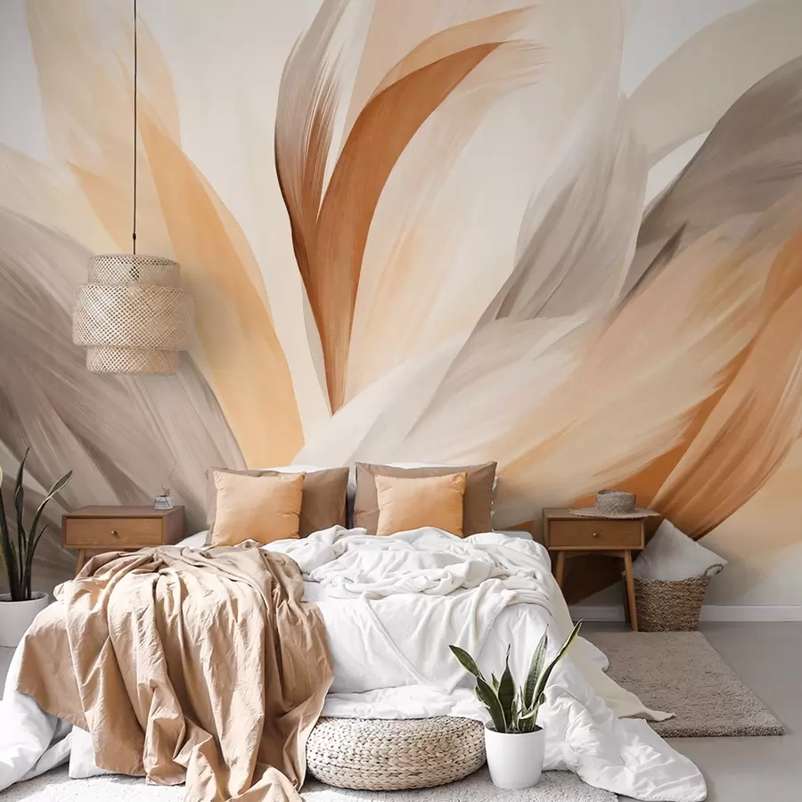wall murals Апстрактно текстурирано перје у смеђој, белој и сивој боји и разним нијансама, које се преклапају на белој позадини w09531