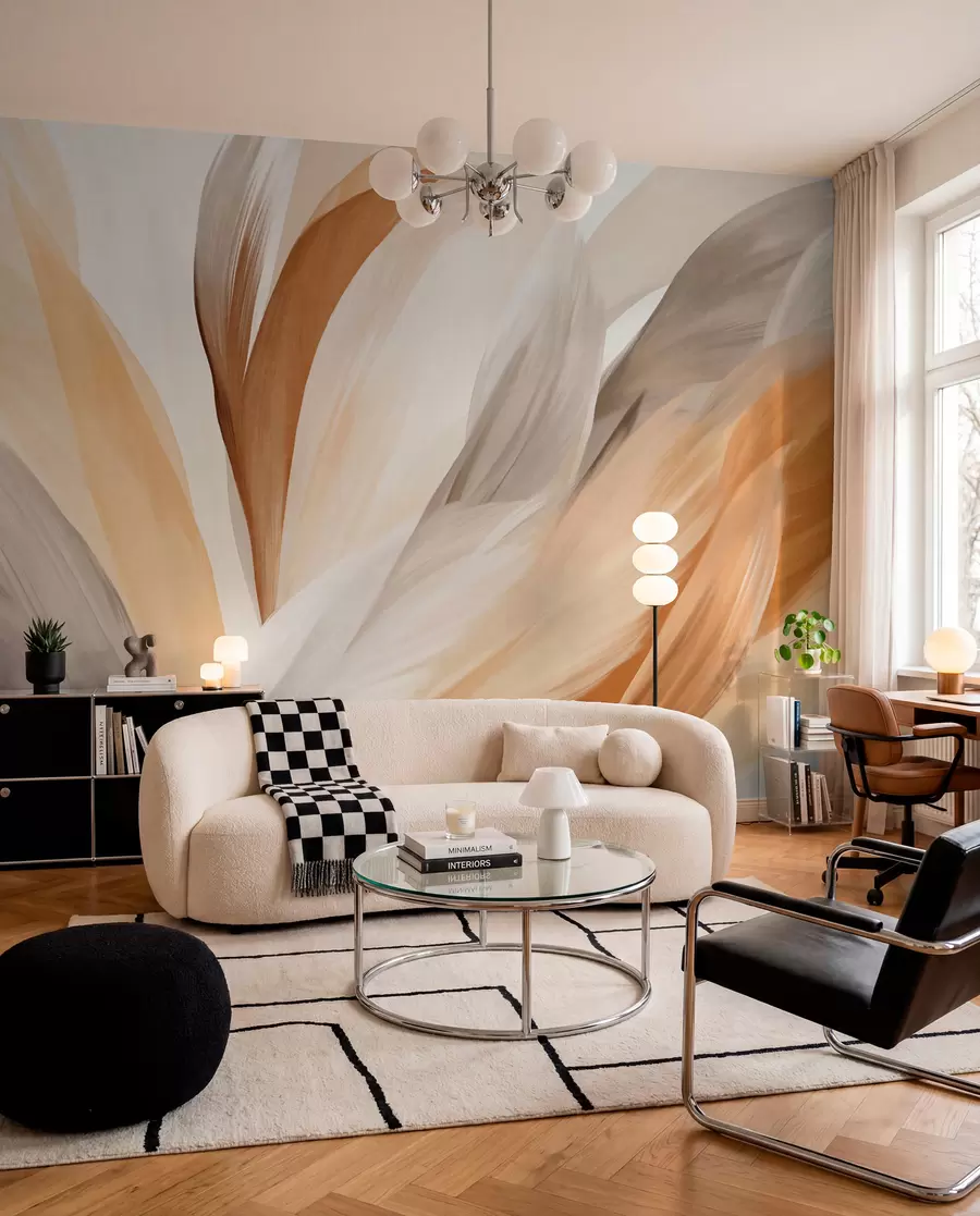 wall murals Апстрактно текстурирано перје у смеђој, белој и сивој боји и разним нијансама, које се преклапају на белој позадини w09531