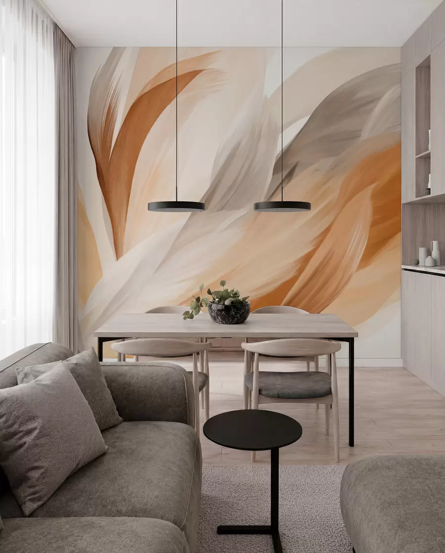 wall murals Апстрактно текстурирано перје у смеђој, белој и сивој боји и разним нијансама, које се преклапају на белој позадини w09531