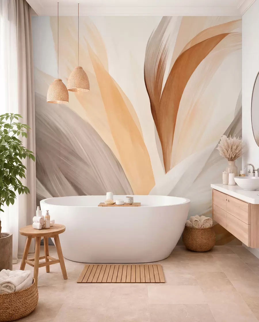 wall murals Апстрактно текстурирано перје у смеђој, белој и сивој боји и разним нијансама, које се преклапају на белој позадини w09531