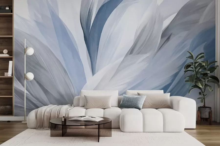 wall murals Апстрактно текстурирано перје у плавој, белој и сивој боји и разним нијансама, које се преклапају на белој позадини w09531v1
