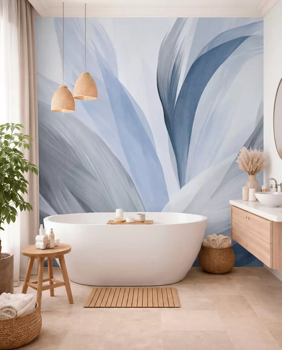 wall murals Апстрактно текстурирано перје у плавој, белој и сивој боји и разним нијансама, које се преклапају на белој позадини w09531v1