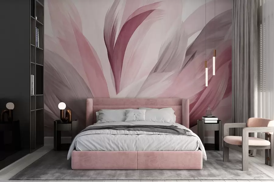 wall murals Апстрактно текстурирано перје у ружичастој, белој и сивој боји и разним нијансама, које се преклапају на белој позадини w09531v2