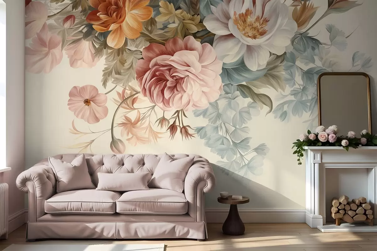 wall murals Винтаж цветни аранжман са ружама, божурима и другим текстурираним цвећем са лишћем, на светлој позадини w09532