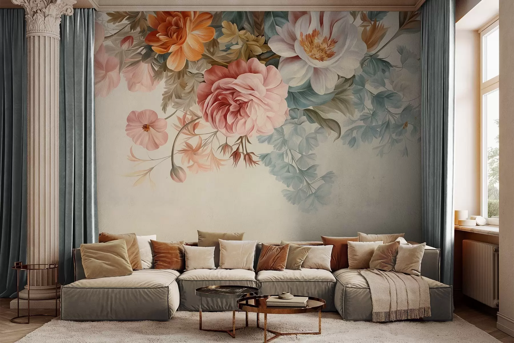 wall murals Винтаж цветни аранжман са ружама, божурима и другим текстурираним цвећем са лишћем, на светлој позадини w09532