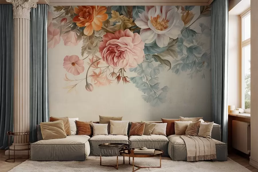 wall murals Винтаж цветни аранжман са ружама, божурима и другим текстурираним цвећем са лишћем, на светлој позадини w09532