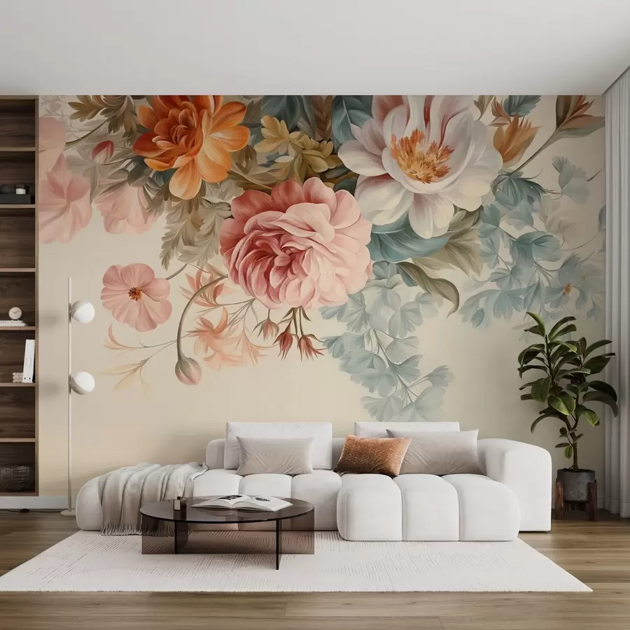 wall murals Винтаж цветни аранжман са ружама, божурима и другим текстурираним цвећем са лишћем, на светлој позадини w09532