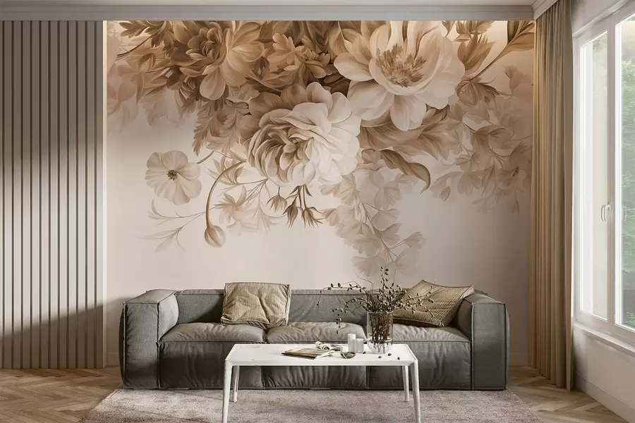 wall murals Винтаж цветни аранжман са ружама, божурима и другим текстурираним цвећем са лишћем, на светлој позадини w09532v1