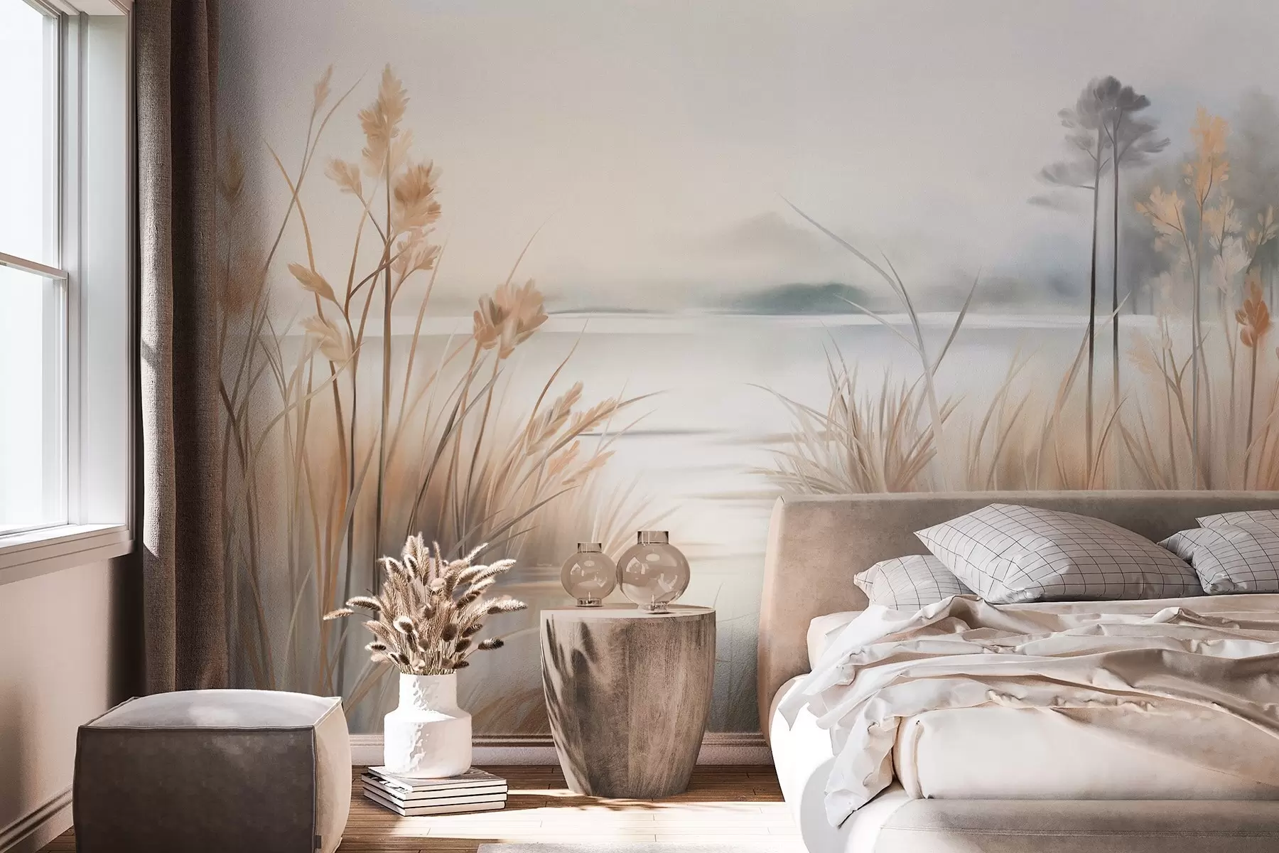 wall murals Пејзаж са језером и високом травом у првом плану, планине у позадини, меке боје, текстурирано w09534