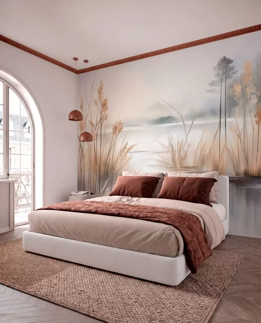 wall murals Пејзаж са језером и високом травом у првом плану, планине у позадини, меке боје, текстурирано w09534