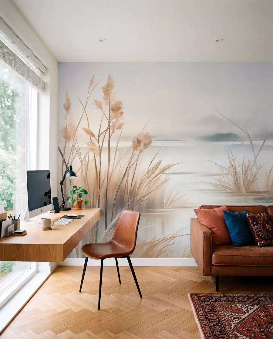 wall murals Пејзаж са језером и високом травом у првом плану, планине у позадини, меке боје, текстурирано w09534