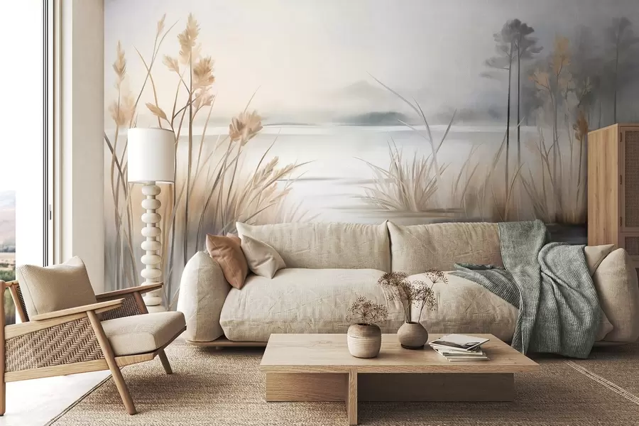 wall murals Пејзаж са језером и високом травом у првом плану, планине у позадини, меке боје, текстурирано w09534