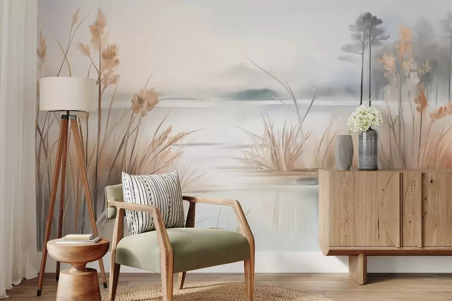 wall murals Пејзаж са језером и високом травом у првом плану, планине у позадини, меке боје, текстурирано w09534