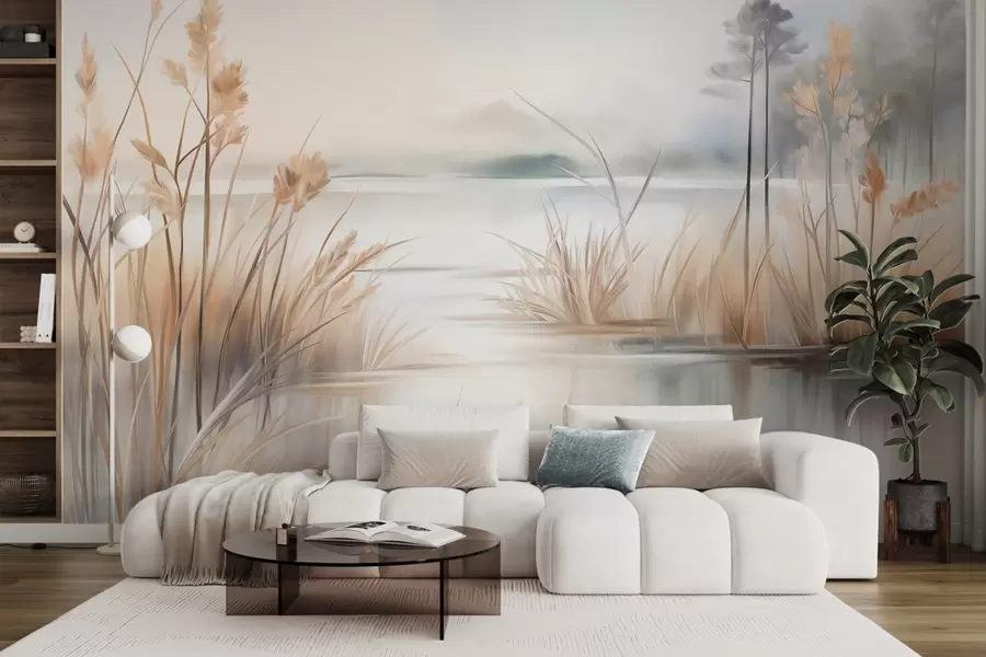 wall murals Пејзаж са језером и високом травом у првом плану, планине у позадини, меке боје, текстурирано w09534