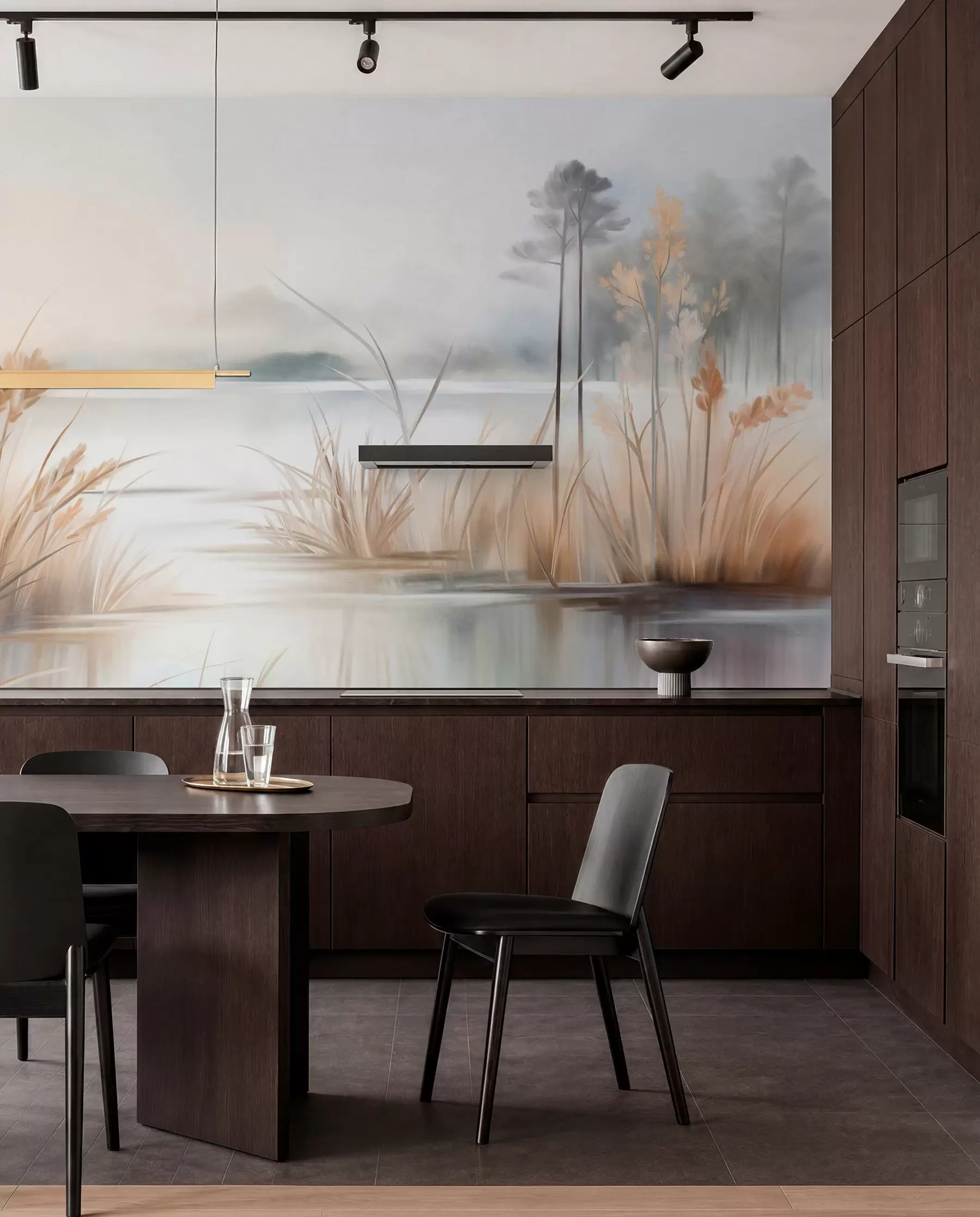 wall murals Пејзаж са језером и високом травом у првом плану, планине у позадини, меке боје, текстурирано w09534