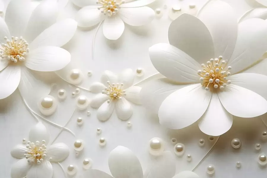 wall murals Бело цвеће са бисерима разбацаним по белој позадини, елегантан и минималистички дизајн, текстурирано w09535