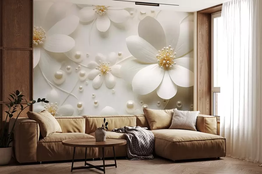 wall murals Бело цвеће са бисерима разбацаним по белој позадини, елегантан и минималистички дизајн, текстурирано w09535