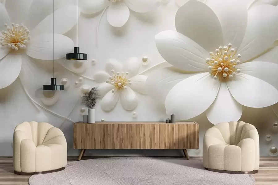 wall murals Бело цвеће са бисерима разбацаним по белој позадини, елегантан и минималистички дизајн, текстурирано w09535