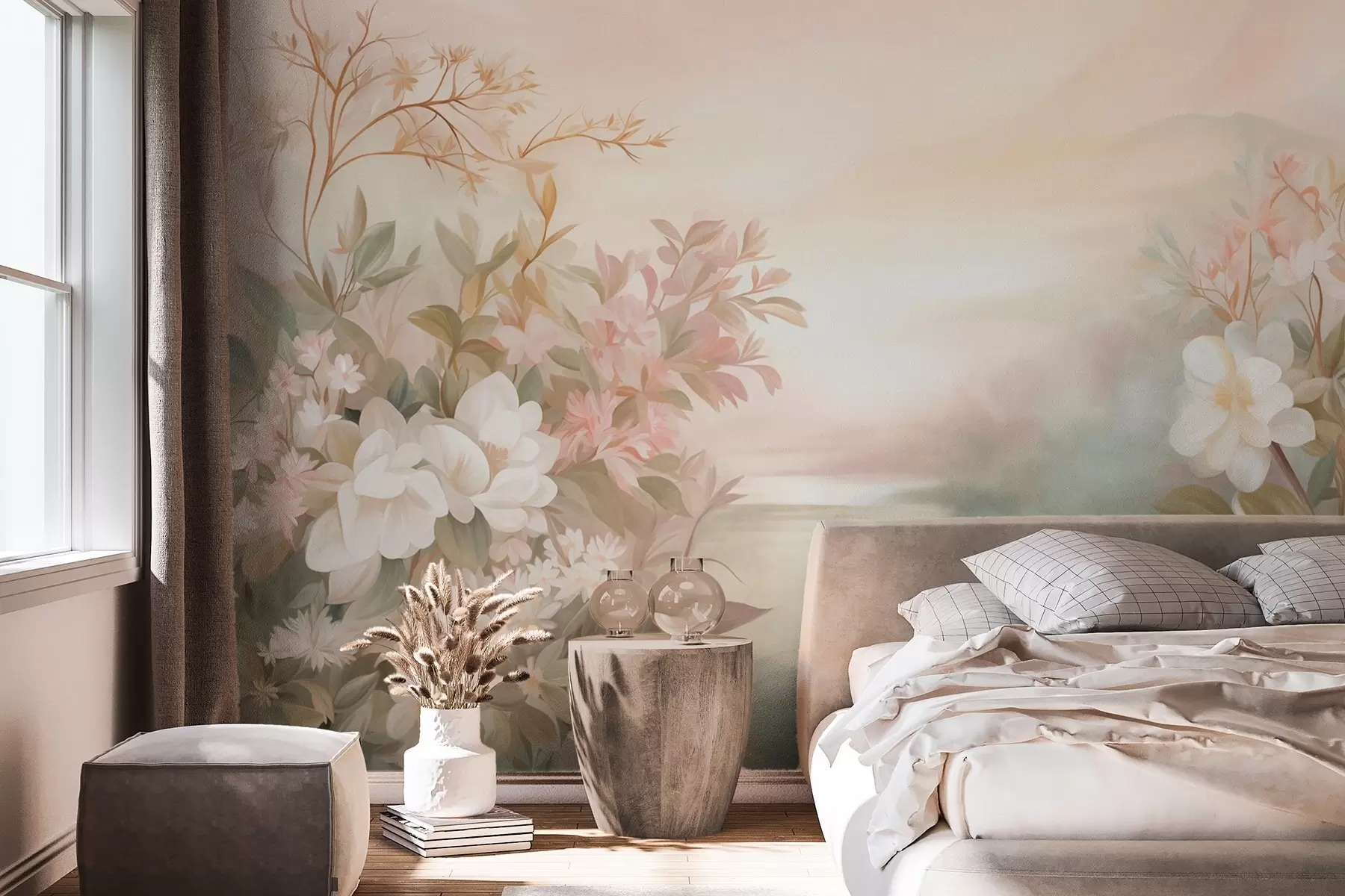 wall murals Пејзаж са реком окруженом цвећем и биљкама, меким бојама, ружичастим небом, акварел текстурираним стилом w09537