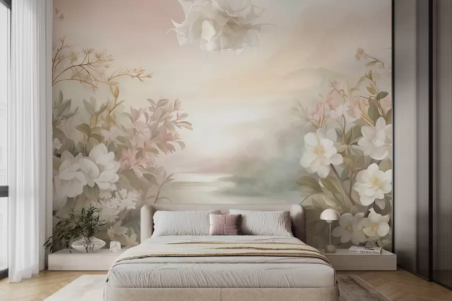wall murals Пејзаж са реком окруженом цвећем и биљкама, меким бојама, ружичастим небом, акварел текстурираним стилом w09537