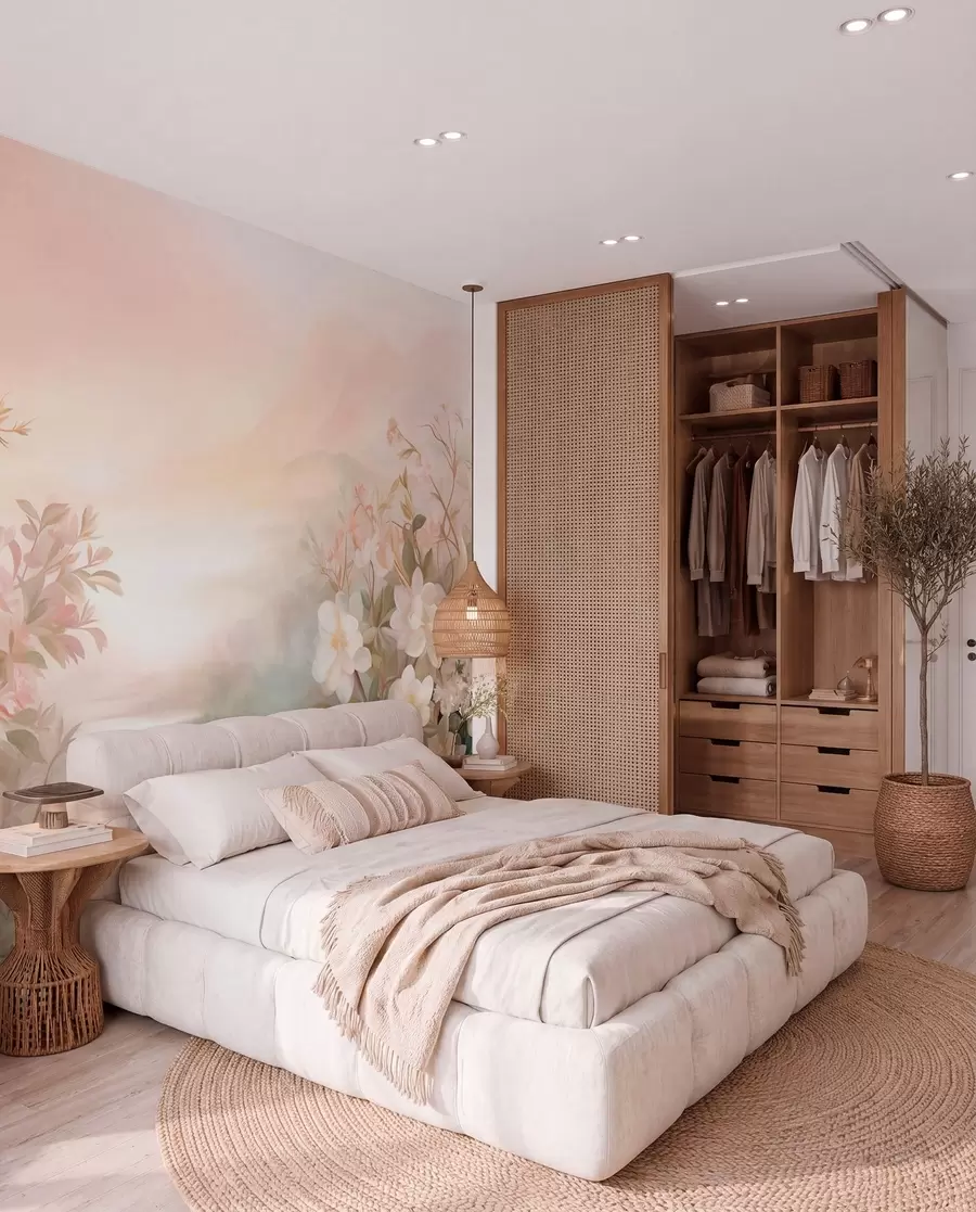 wall murals Пејзаж са реком окруженом цвећем и биљкама, меким бојама, ружичастим небом, акварел текстурираним стилом w09537