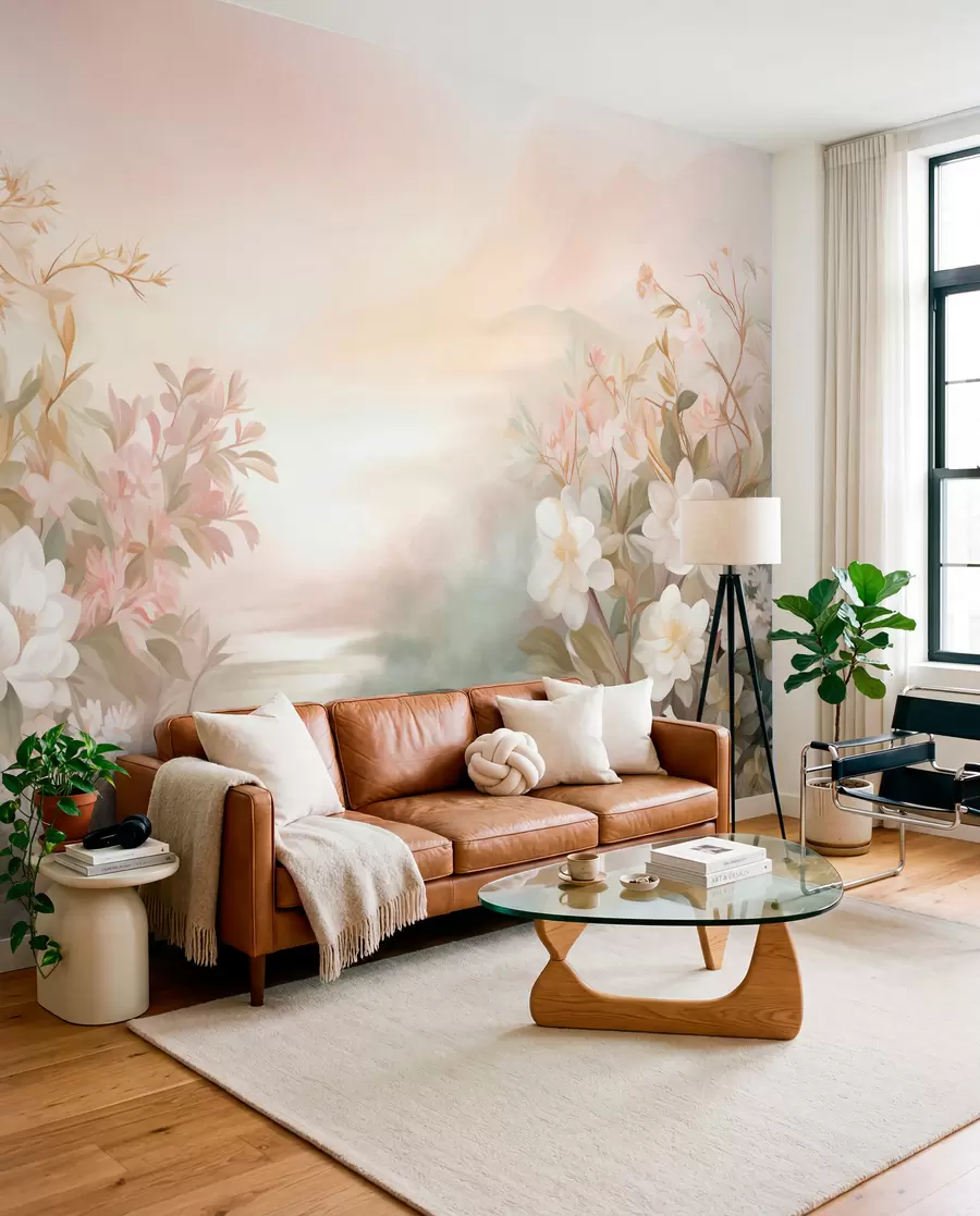 wall murals Пејзаж са реком окруженом цвећем и биљкама, меким бојама, ружичастим небом, акварел текстурираним стилом w09537