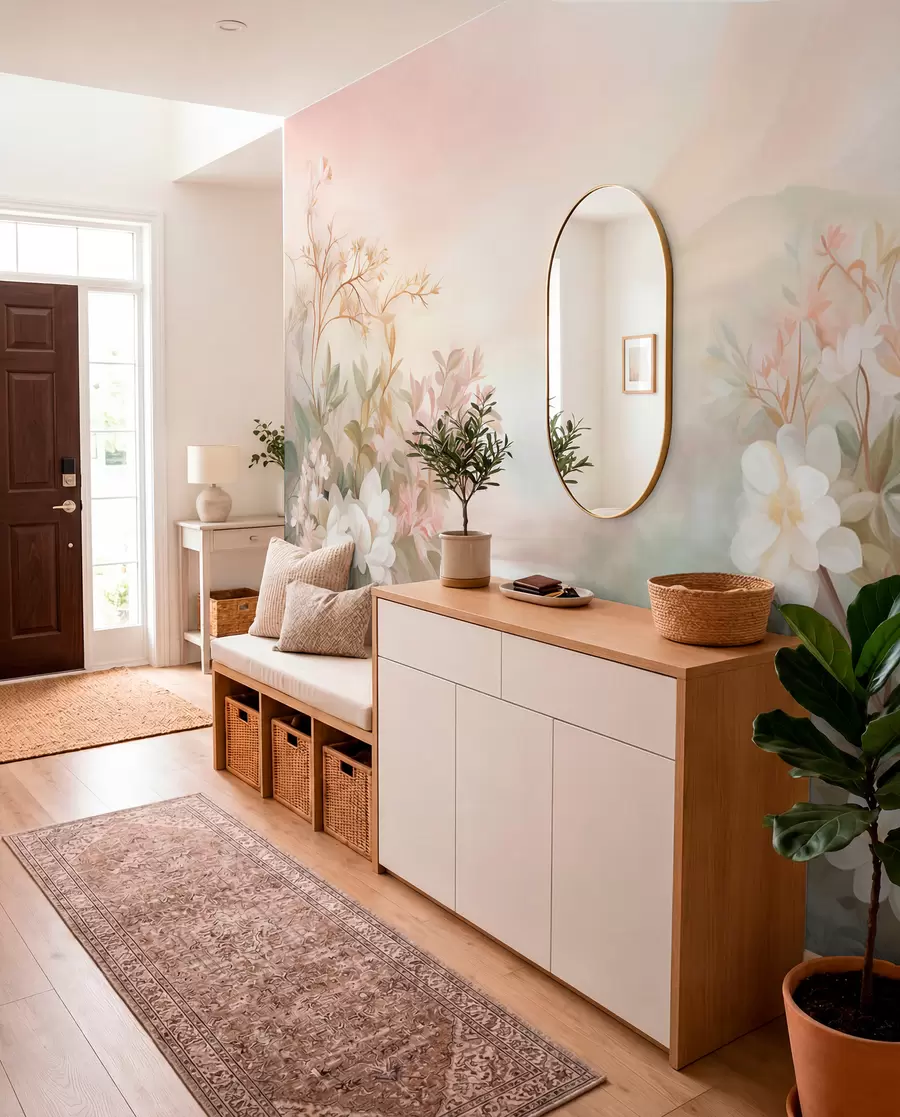 wall murals Пејзаж са реком окруженом цвећем и биљкама, меким бојама, ружичастим небом, акварел текстурираним стилом w09537