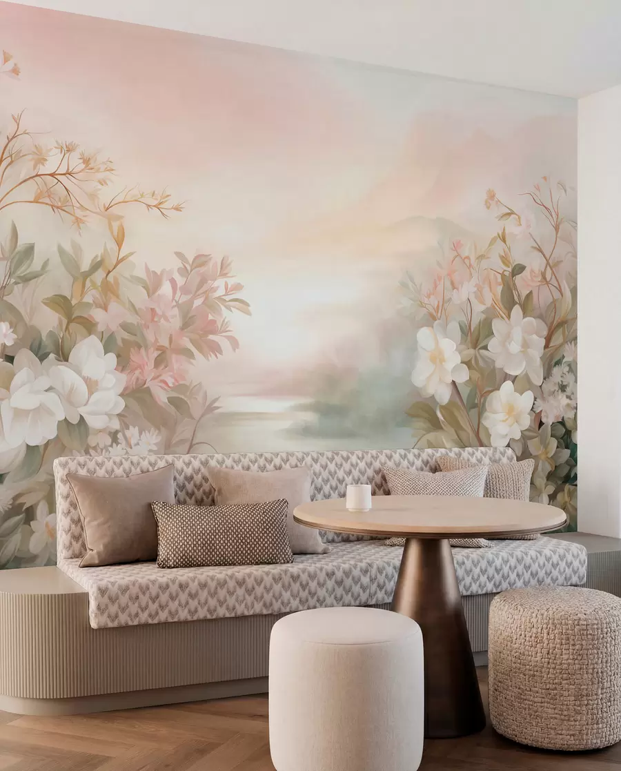 wall murals Пејзаж са реком окруженом цвећем и биљкама, меким бојама, ружичастим небом, акварел текстурираним стилом w09537
