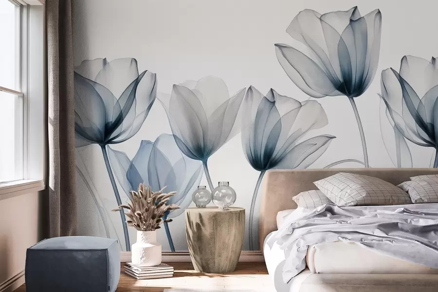 wall murals Прозирни плаво-бели цветови тулипана са дугим стабљикама, на светлој позадини, нежна и текстурирана цветна уметност w09538