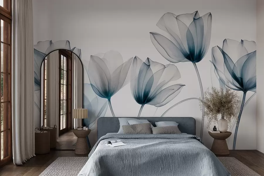 wall murals Прозирни плаво-бели цветови тулипана са дугим стабљикама, на светлој позадини, нежна и текстурирана цветна уметност w09538