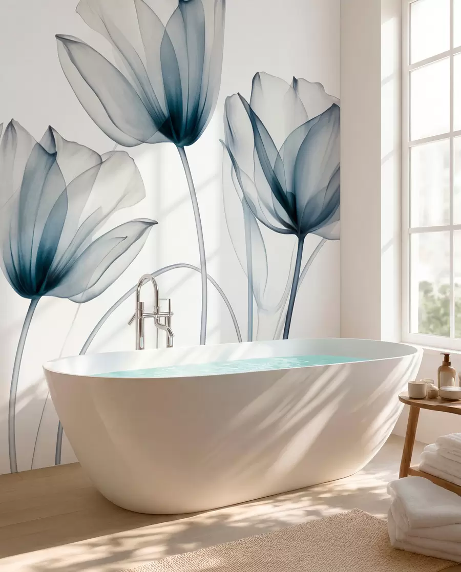 wall murals Прозирни плаво-бели цветови тулипана са дугим стабљикама, на светлој позадини, нежна и текстурирана цветна уметност w09538