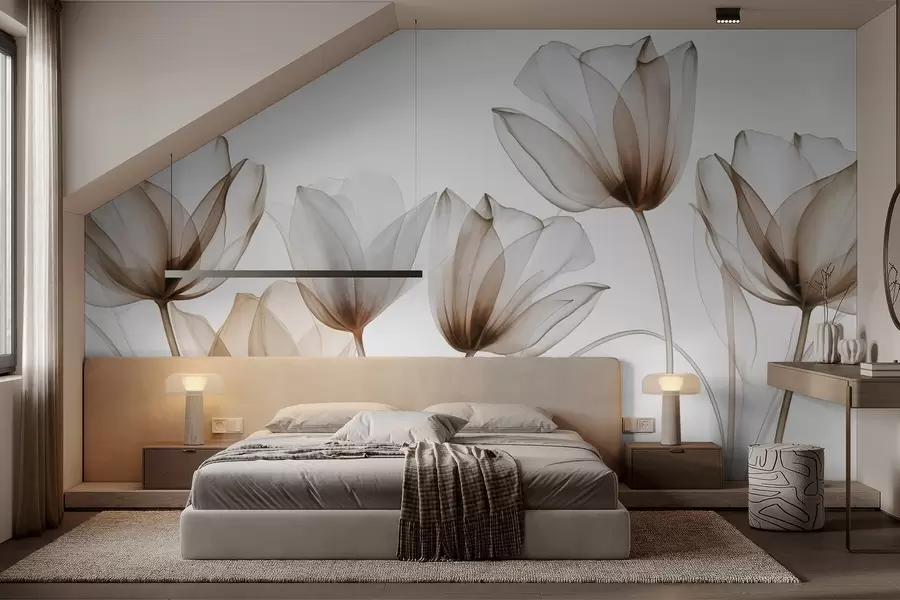 wall murals Прозирни смеђи и бели цветови тулипана са дугим стабљикама, на светлој позадини, нежна и текстурирана цветна уметност w09538v1
