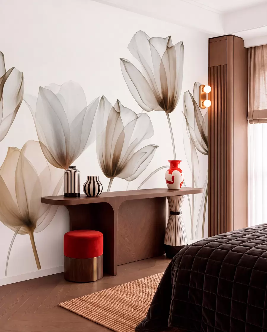 wall murals Прозирни смеђи и бели цветови тулипана са дугим стабљикама, на светлој позадини, нежна и текстурирана цветна уметност w09538v1