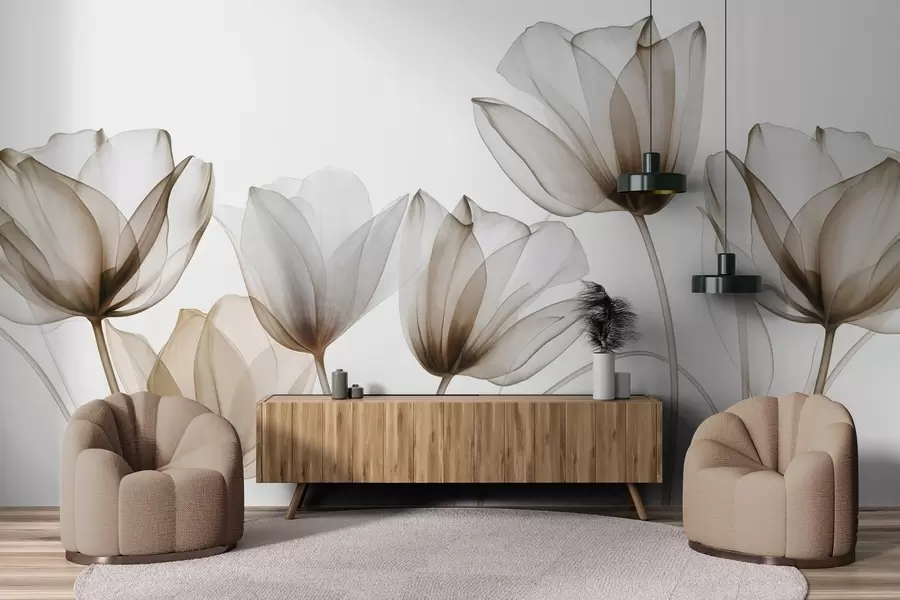 wall murals Прозирни смеђи и бели цветови тулипана са дугим стабљикама, на светлој позадини, нежна и текстурирана цветна уметност w09538v1