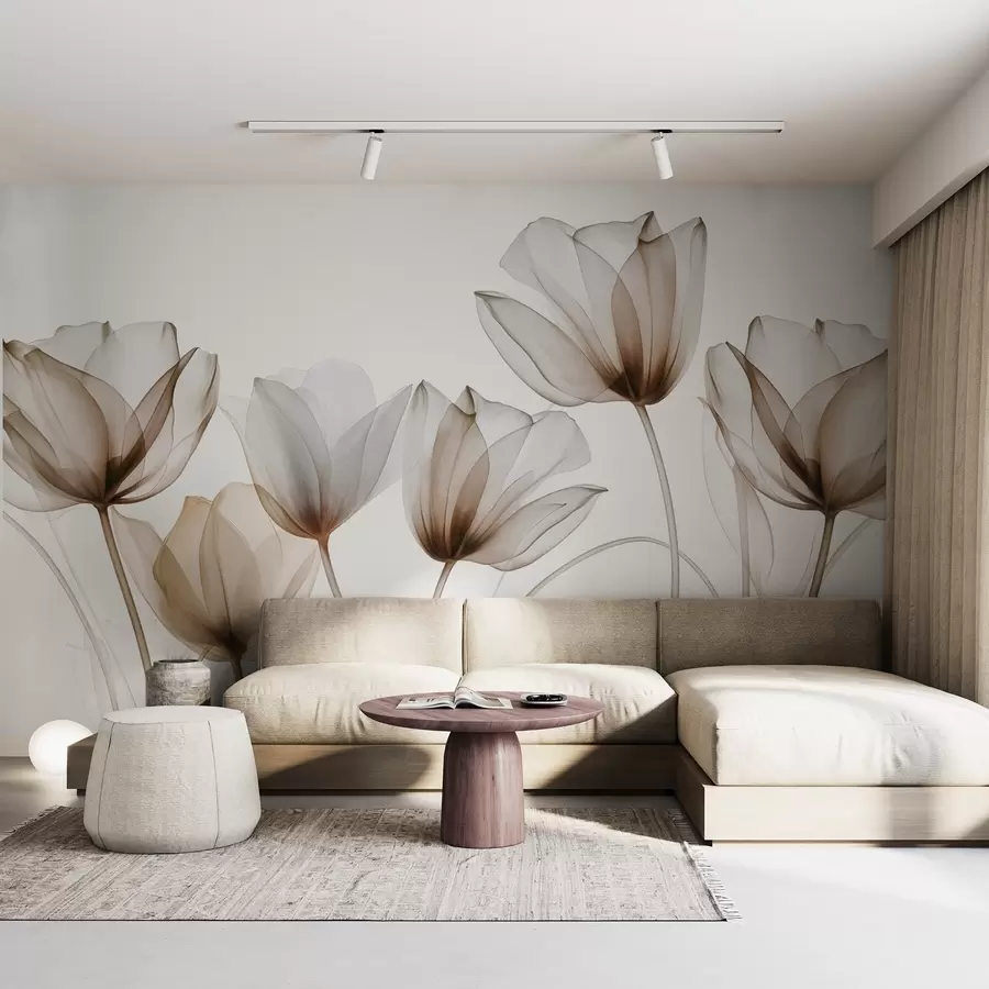 wall murals Прозирни смеђи и бели цветови тулипана са дугим стабљикама, на светлој позадини, нежна и текстурирана цветна уметност w09538v1