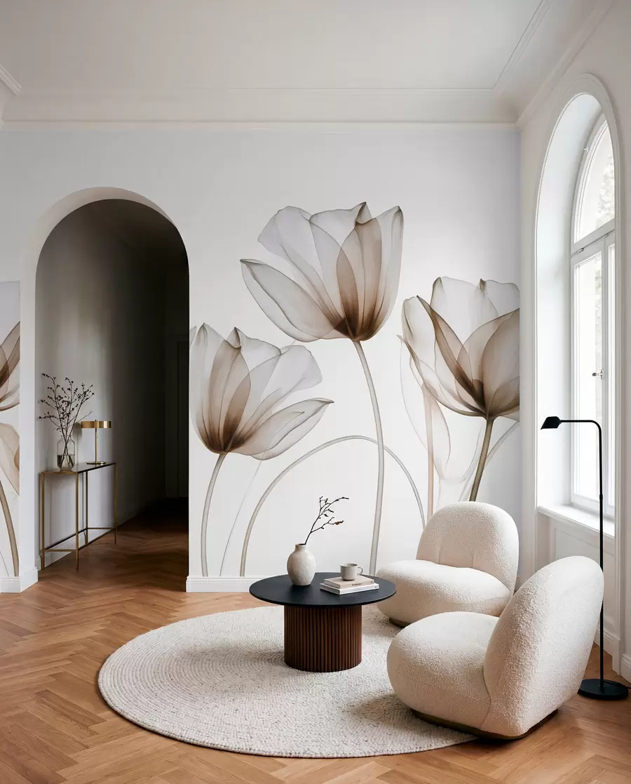 wall murals Прозирни смеђи и бели цветови тулипана са дугим стабљикама, на светлој позадини, нежна и текстурирана цветна уметност w09538v1
