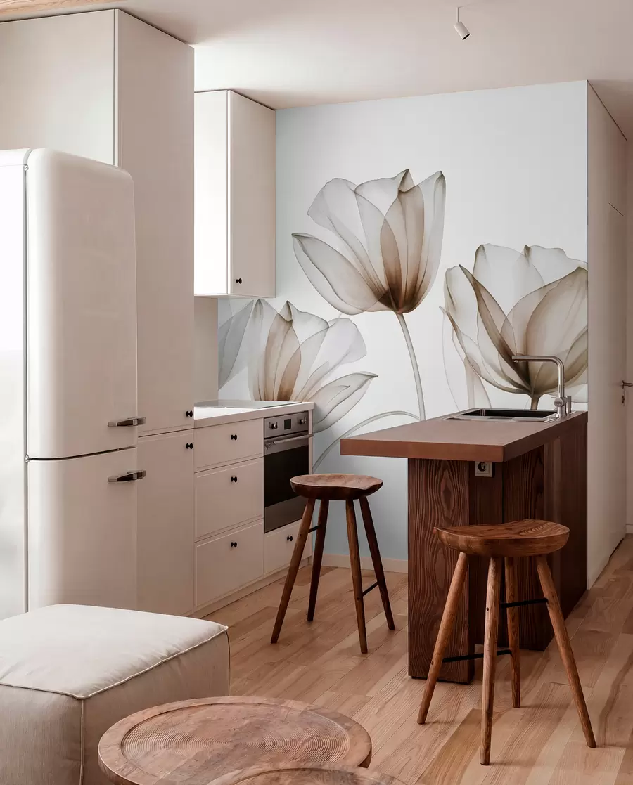 wall murals Прозирни смеђи и бели цветови тулипана са дугим стабљикама, на светлој позадини, нежна и текстурирана цветна уметност w09538v1