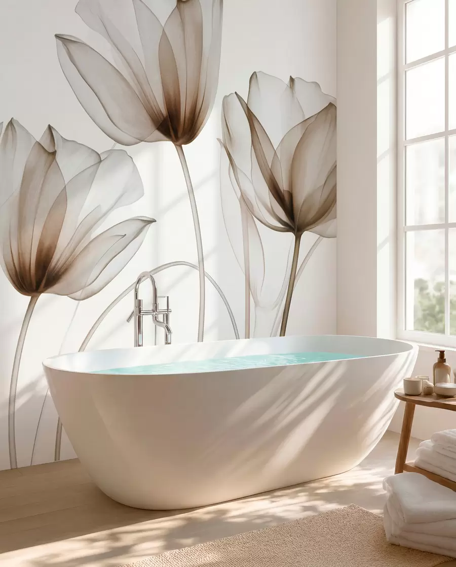wall murals Прозирни смеђи и бели цветови тулипана са дугим стабљикама, на светлој позадини, нежна и текстурирана цветна уметност w09538v1