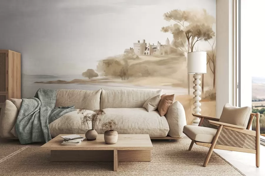 wall murals Пејзаж са замком на брду близу мора, пешчана плажа у првом плану, пригушене боје, текстурирана уметност w09540