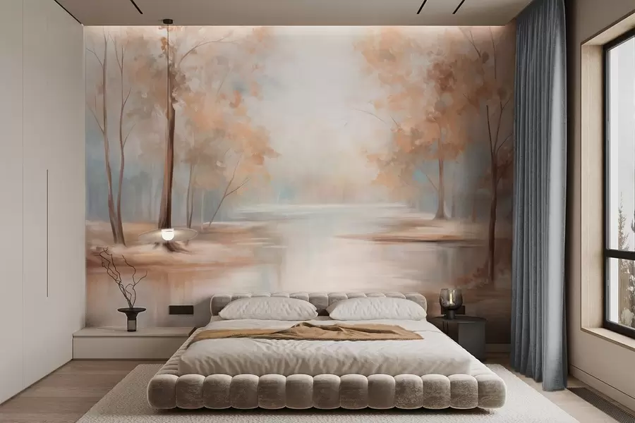 wall murals Јесењи текстурирани пејзаж са дрвећем и реком, меке боје, светла и прозрачна атмосфера, мирна и тиха сцена w09541