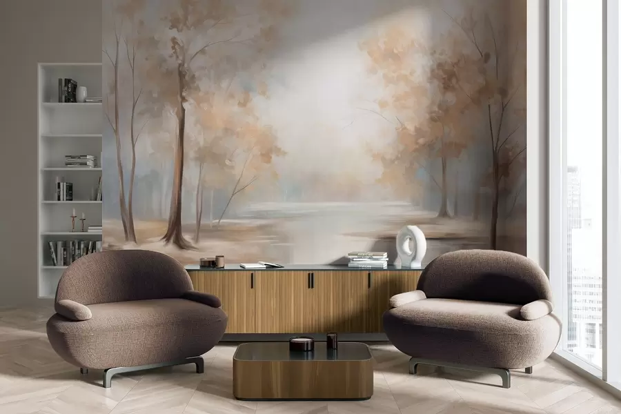 wall murals Јесењи текстурирани пејзаж са дрвећем и реком, меке боје, светла и прозрачна атмосфера, мирна и тиха сцена w09541