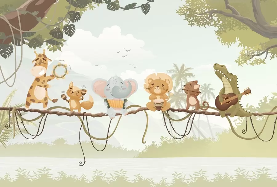 wall murals Животиње са музичким инструментима насупрот тропског пејзажа w04505v1