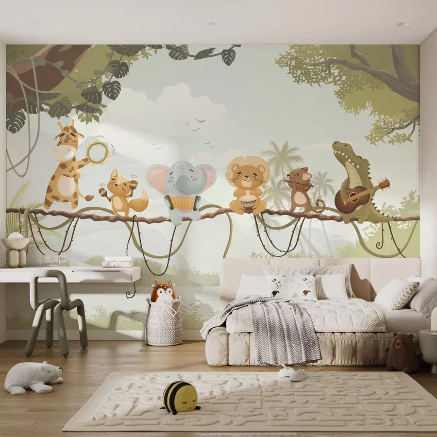 wall murals Животиње са музичким инструментима насупрот тропског пејзажа w04505v1