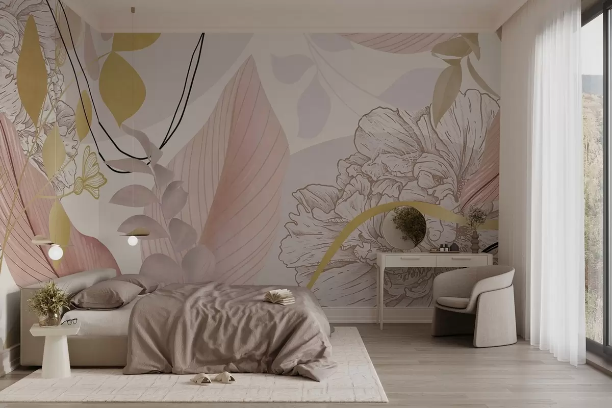 wall murals Апстрактни цветни принт са великим листовима у нијансама пригушене ружичасте, жуте са танким црним линијама и белим цветним обрисима w09544v1