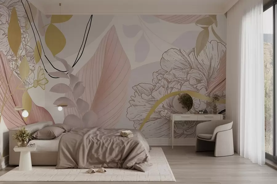 wall murals Апстрактни цветни принт са великим листовима у нијансама пригушене ружичасте, жуте са танким црним линијама и белим цветним обрисима w09544v1